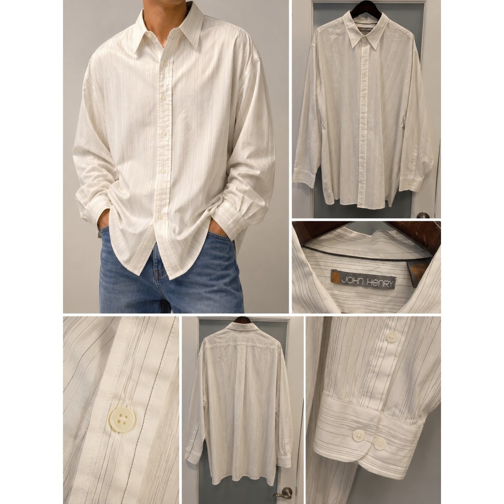 John Henry Men's 2XLT White Pinstripe Button Front Dress Shirt Long Sleeve...